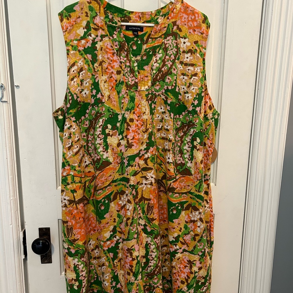 Lands End 100% Linen Shift Dress w/ Pockets. Bright Floral Botanical. Size 24